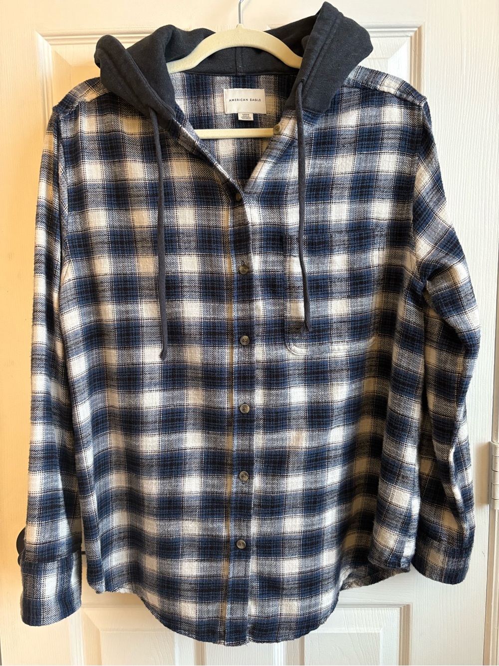 American Eagle Oversized Blue & White Plaid Hooded Flannel Shirt, Size Small